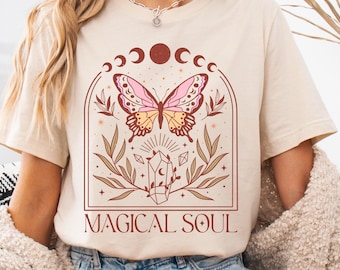 Magical Soul | Boho Mystical Celestial Unisex T-Shirt, Bohemian Hippie Shirt Gift | Vintage Spiritual Witchy Butterfly, Moon, Stars, Crystal