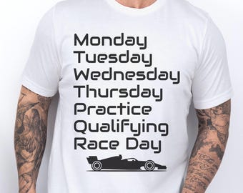 Race Week Motorsport, uniseks T-shirt | Maandag Dinsdag Woensdag Donderdag Training Kwalificatie Racedag | Grappig cadeau-shirt racewagenliefhebber