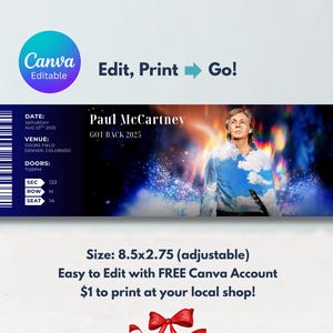 Editable Paul McCartney Concert Ticket Stub Template | Fake Ticketmaster Ticket | Canva Digital Download | Surprise Concert Gift