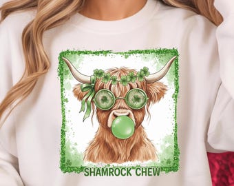 St. Patrick's Day Highland Cow PNG, Retro St Patricks Day PNG, Coquette St Patty's Day png, gehaakt nepgaren geluksklaver sublimatieontwerp