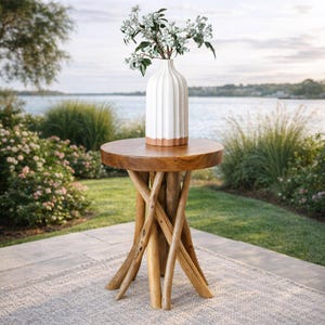 Live Edge Teak Wood Stool, Twisted Root Side Table, Natural Accent Furniture