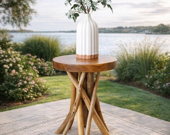 Live Edge Teak Wood Stool, Twisted Root Side Table, Natural Accent Furniture