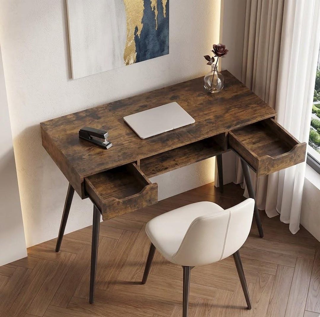 Mid Century Modern Computer Desk With Drawers, Compact Home Office ...