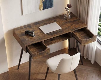 Mid Century Modern Computer Desk with Drawers, Compact Home Office Study Desk for Spaces