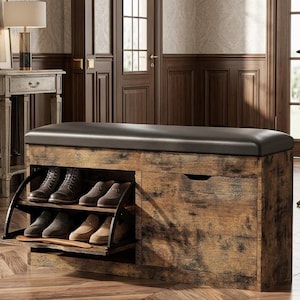 May include: A rectangular shoe storage bench with a dark brown wood grain finish and a black padded seat. The unit features an open shelf section on the left with two tiers holding four pairs of shoes and a closed cabinet section on the right.