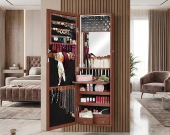 Jewelry Cabinet with Mirror Lockable Wall or Door Mounted Tall Jewelry Organizer-2 Drawer
