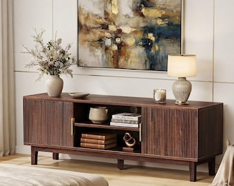 Fluted Mid Century Modern TV Stand, Wooden Entertainment Center with Storage