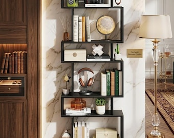S-Shaped Wooden Bookcase – Modern Display Shelf, Decorative Storage Organizer (Anti-Tipping Kits)
