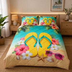 May include: A yellow and turquoise beach-themed quilt set with matching pillowcases. The quilt features large yellow flip-flops, pink sunglasses, and tropical flowers. The pillowcases have a similar design with flip-flops and flowers.