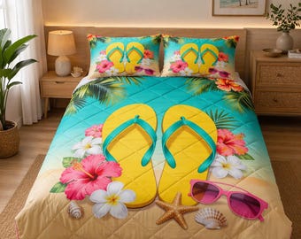 Tropical Beach Quilt Bedding Set, Yellow Flip Flops Summer Blanket, Hawaiian Hibiscus Coastal Decor, Ocean Vibe Bed Cover