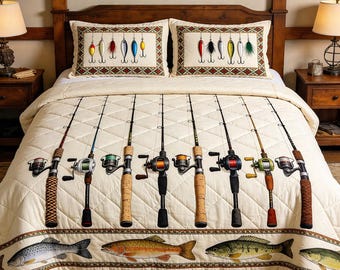 Fishing Rod and Lure Quilt Bedding Set, Rustic Lake House Bedspread, Fisherman Bedroom Decor, Bass Trout Fish Comforter, Gift for Dad