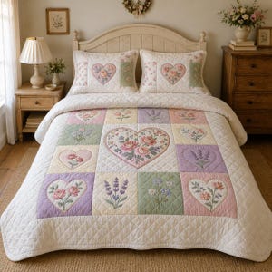 May include: A quilted bedspread and two pillow shams with a floral heart design. The bedspread features a patchwork design with embroidered flowers in pastel colors. The pillows and bedspread are white with a diamond pattern.