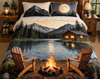 Mountain Lake quilt beddengoed set, rustieke hut sprei, gezellig kampvuur natuur slaapkamer decor, lodge quilt cadeau voor koppels