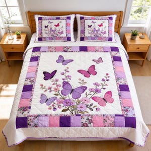 Butterfly Flower Quilt Bedding Set, Colorful Floral Patchwork Bedspread, Spring Garden Bedroom Decor, Cottagecore Comforter, Gift for Her