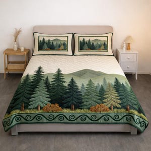May include: A bedspread and two pillowcases with a forest design. The pattern shows tall green pine trees, a mountain range, and a decorative border. The color scheme is mainly green, beige, and brown.