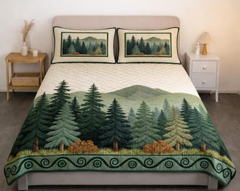 Juego de ropa de cama con edredón de montaña y bosque de pinos, colcha con paisaje natural perenne, decoración rústica para dormitorio, regalo para amantes de la naturaleza.