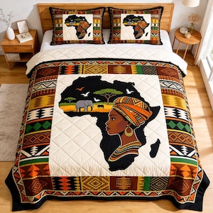 Afrikansk karta-täcke-sängklädesset, afrocentrisk kvinna-överkast, svart arv-sovrumsinredning, elefant-safari-täcke, tribal patchwork-gåva