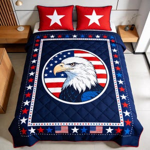 Amerikanischer Weißkopfseeadler Quilt Bettwäsche-Set, USA Flagge Patriotische Tagesdecke, 4.Juli-Schlafzimmer Dekor, Unabhängigkeitstag Tröster, Militärgeschenk