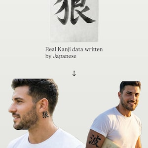 May include: Image features Japanese Kanji calligraphy, including the character for "wolf." The text reads "Real Kanji data written by Japanese" and "Authentic Japanese Calligraphy Tattoo-Ready." The image shows the Kanji as a tattoo on a person's neck and arm.