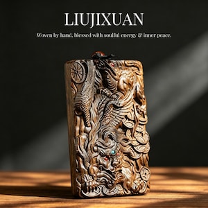 May include: A rectangular dark brown wooden pendant featuring intricate relief carvings of a mythical creature, a bird, and circular coins. The creature has small red and blue inlaid stones for eyes. Text reads LIUJIXUAN Woven by hand, blessed with soulful energy & inner peace.