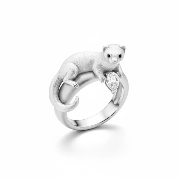 Ferret Ring Sterling Silver | Open Band Animal Ring with Clear Pear CZ Stone