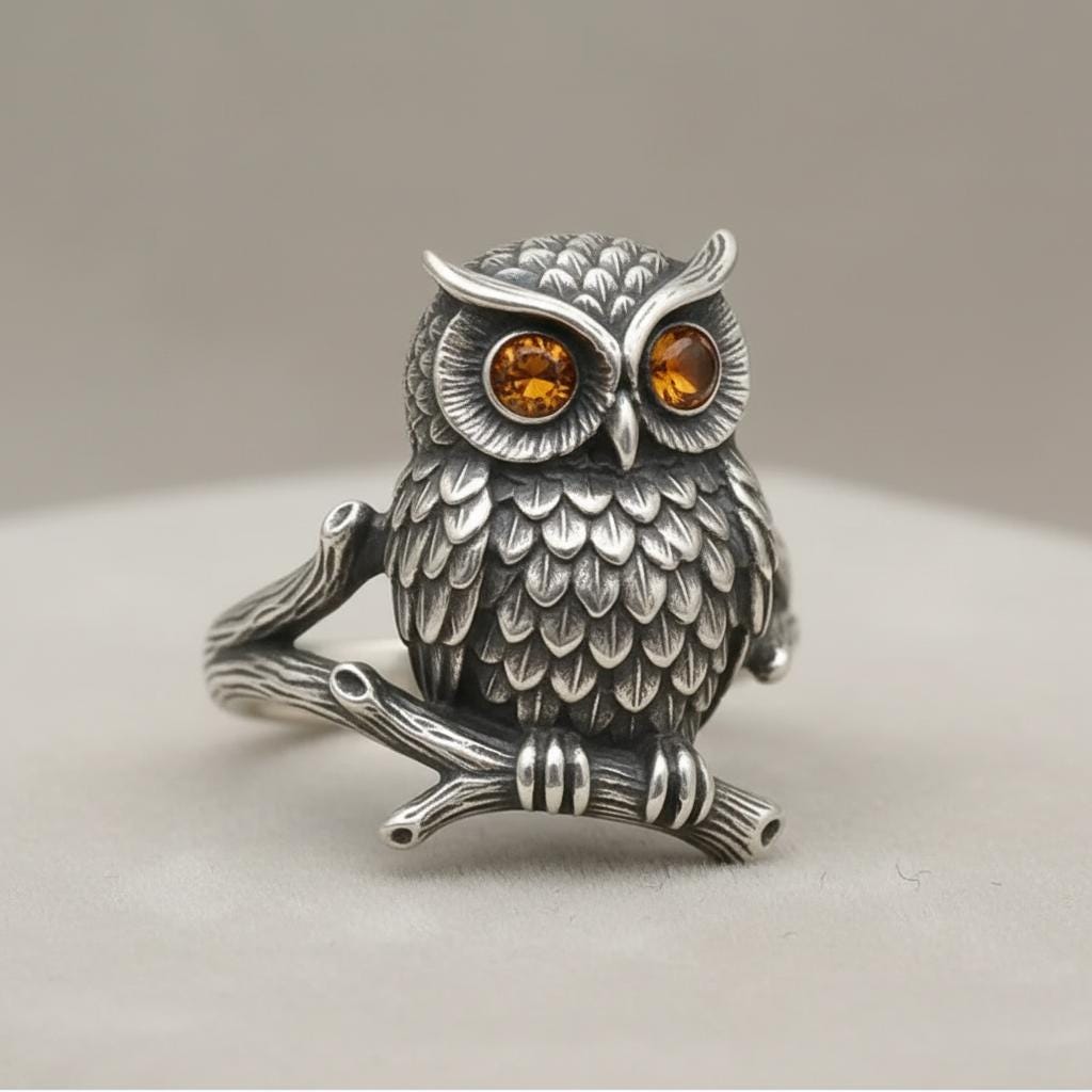 Sterling Silver Owl Ring, Amber Eyes, Nature Inspired Bird Jewelry