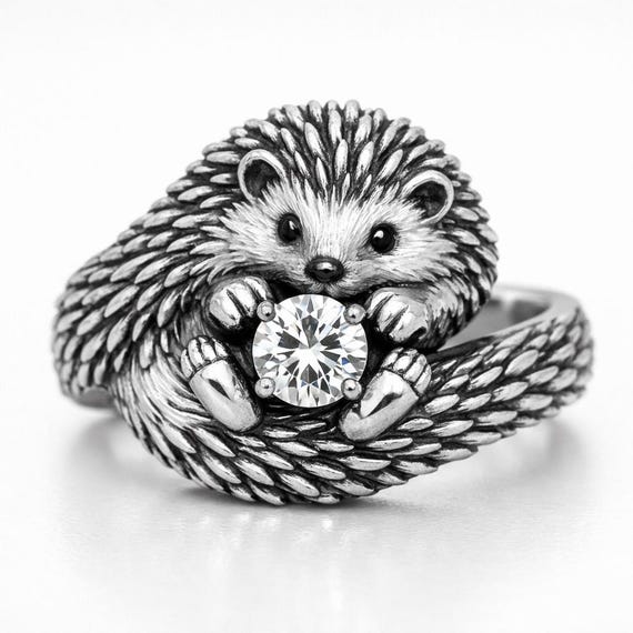 Sterling Silver Hedgehog Ring with Sparkling Stone, Cute Animal Wrap Ring, Hedgehog Lover Gift