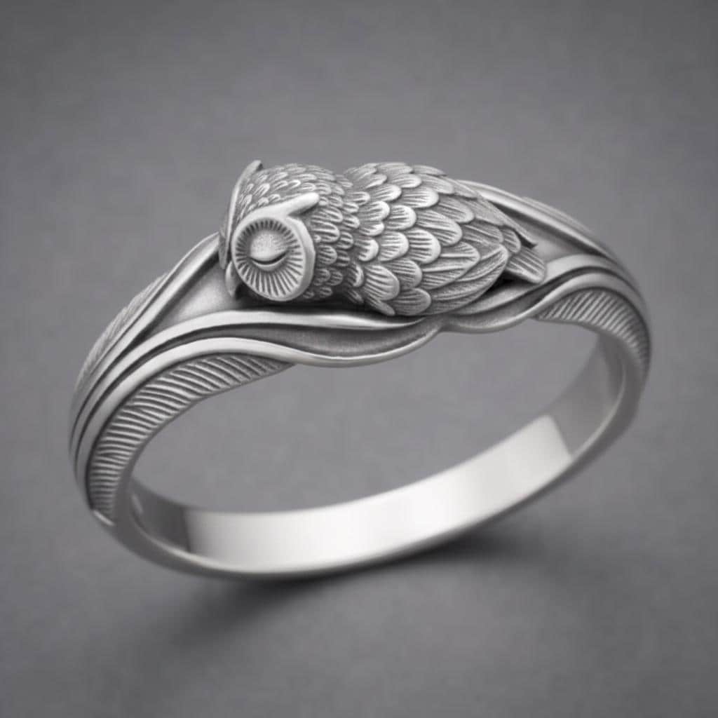 Owl Ring Silver Bird Band Engraved Feather Nature Animal Jewelry