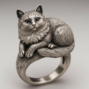 May include: A silver-toned metal ring featuring a detailed, three-dimensional sculpture of a cat resting on the band. The cat has textured fur, pointed ears, and dark eyes, with its tail wrapping around the side of the circular ring band.