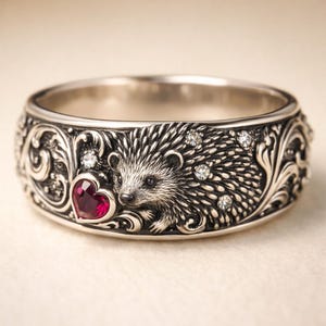 May include: A silver ring featuring a detailed hedgehog design. The ring has a heart-shaped ruby and is adorned with small, sparkling gemstones. Intricate scrollwork decorates the band, creating a whimsical and elegant piece of jewelry.
