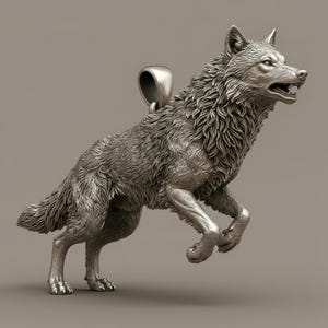 May include: A silver-toned metal pendant shaped like a wolf in a dynamic leaping pose. The wolf features detailed fur texture, pointed ears, and an open mouth showing teeth. A smooth, rounded bail is attached to the top of the wolf's back for hanging.