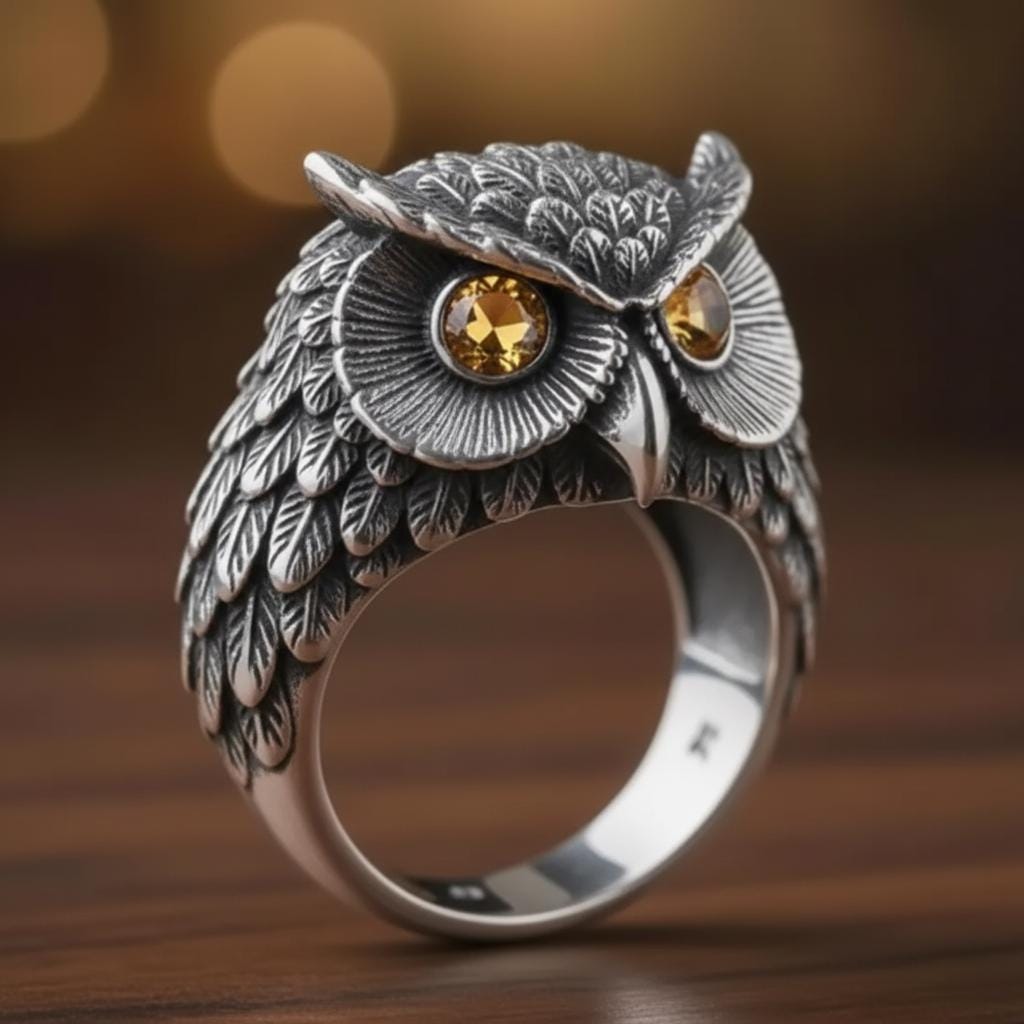 Owl Ring Silver Bird Statement Ring with Yellow Crystal Eyes Textured Feather Band