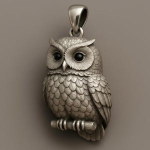 Pode incluir: Pingente de coruja prateada. O pingente apresenta uma escultura detalhada de uma coruja empoleirada em um galho. A coruja tem olhos grandes e escuros e penas texturizadas. O pingente inclui uma argola para uma corrente.