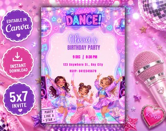 ポップスターの誕生日招待状、ネオングローダンスパーティー、ディスコミュージックガール（編集可能なCanvaテンプレート）