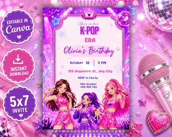 K-POP誕生日招待状、K-POPガールズグループ時代のパーティー招待状、編集可能なCanvaテンプレート、デジタルダウンロード