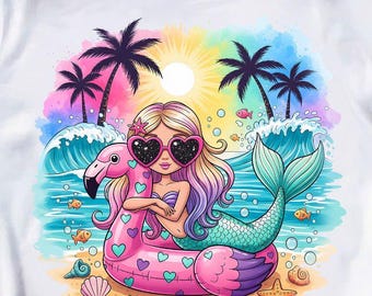 PNG de sirena de verano, diseño de sublimación de sirena de playa tropical, gráfico de verano de flotador de flamenco, PNG de vacaciones costeras