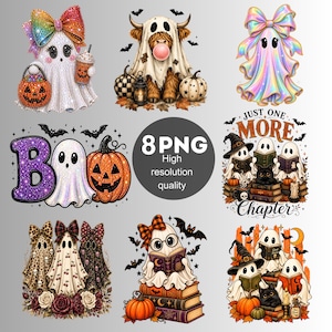 Könnte beinhalten: Eine digitale Sammlung von acht Halloween-Illustrationen mit Geistern, Kürbissen, Fledermäusen und Büchern. Die Designs zeigen Geister mit Schleifen, ein Hochlandrind im Geisterkostüm sowie lesende Geister mit schwarzen Katzen.