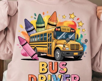 Conductor de autobús PNG, Sublimación de autobús escolar, Diseño de camiseta de autobús escolar amarillo, Arte de maestro con crayones, Descarga digital instantánea, 300 DPI