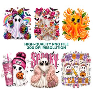 Könnte beinhalten: Eine digitale Sammlung von sechs geisterhaften Illustrationen mit bunten Mustern, Kürbissen, Regenbögen und Texten wie "SPOOKY" und "SPOOKY TEACHER". Das Bild enthält den Text "HIGH-QUALITY PNG FILE 300 DPI RESOLUTION".
