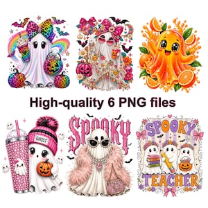 Può includere: Una collezione di sei illustrazioni digitali raffiguranti fantasmi dei cartoni animati con vari accessori come fiocchi leopardati, berretti rosa, occhiali da sole e zucche, insieme ad arance, con il testo High-quality 6 PNG files.