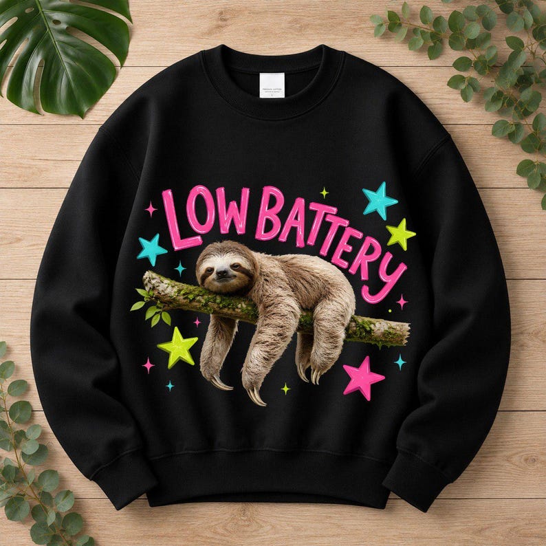 May include: A black crewneck sweatshirt featuring a graphic of a brown sloth resting on a tree branch. Above the sloth, the text "LOW BATTERY" is printed in pink letters. The design is accented with colorful stars in shades of pink, blue, and yellow.