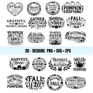 Peut inclure: Un ensemble de 20 motifs numériques en noir et blanc avec une typographie sur le thème de l'automne et des illustrations de citrouilles, de feuilles et de couronnes. Le texte inclut des phrases comme Give Thanks et Hello Pumpkin.