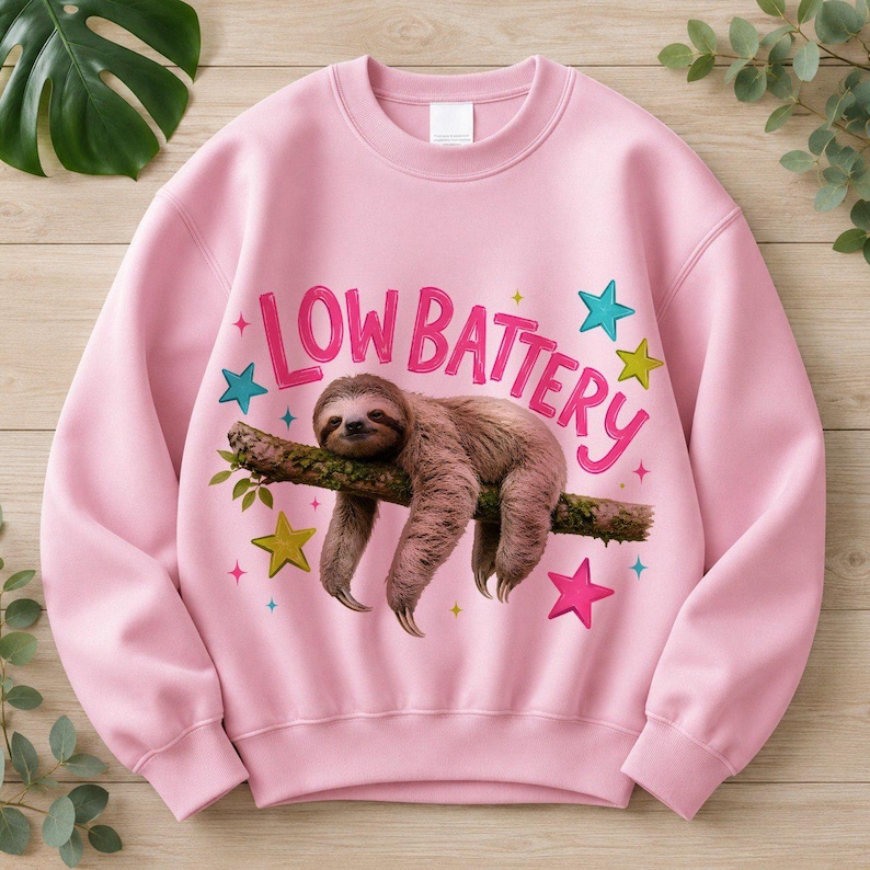 Puede incluir: Una sudadera de cuello redondo rosa claro con un gr&aacute;fico de un perezoso marr&oacute;n colgado de una rama. Sobre el perezoso, el texto LOW BATTERY aparece en letras rosas. El dise&ntilde;o est&aacute; decorado con estrellas coloridas en tonos azul, rosa y amarillo.