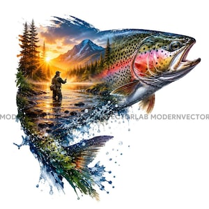 May include: A vibrant graphic illustration featuring a rainbow trout leaping from water, with a double exposure effect showing a person fishing in a river at sunset, surrounded by pine trees and mountains, with the text MODERNVECTOR visible.
