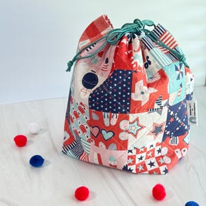 Handmade Quilted Patriotic Drawstring Bag - Project Bag