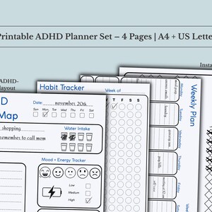 Pode incluir: Um conjunto de planejador ADHD imprimível com quatro páginas, tamanho A4 e US Letter. As páginas incluem um mapa de foco, um rastreador de hábitos, um plano semanal e uma seção "Don't Break the Chain". O planejador tem um layout minimalista e amigável para TDAH.