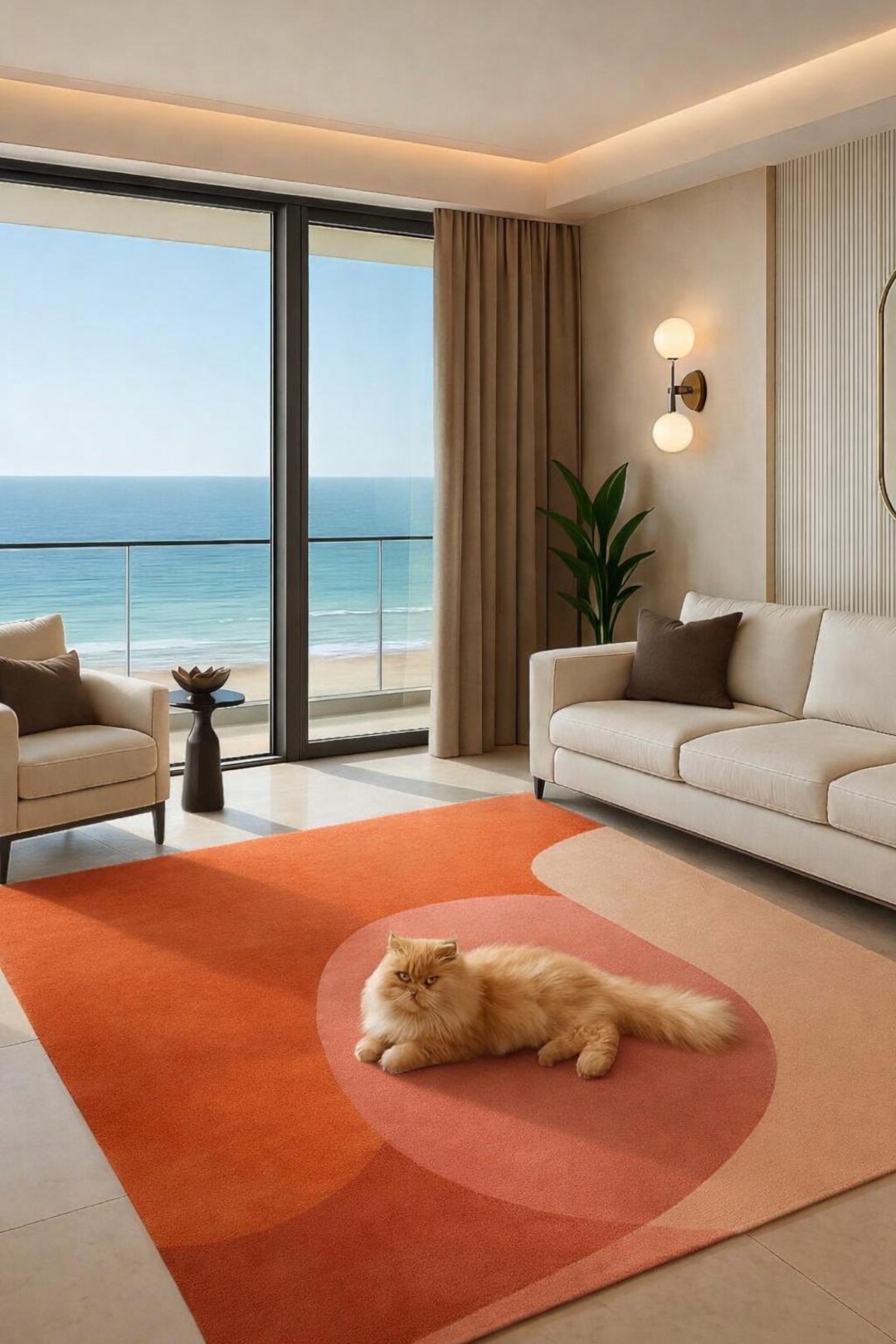Modern Luxury Living Room With Ocean View & Cozy Cat – Premium Interior ...