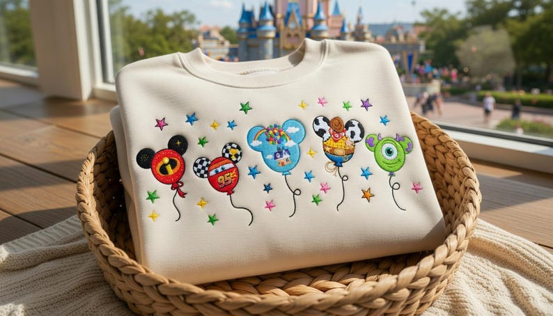 Puede incluir: Sudadera de color crema con globos de personajes de dibujos animados bordados. Los globos incluyen Mickey Mouse, un coche de carreras, un arco&iacute;ris, Woody y Mike Wazowski. Estrellas de colores est&aacute;n bordadas encima de los globos. La sudadera est&aacute; doblada en una cesta tejida.
