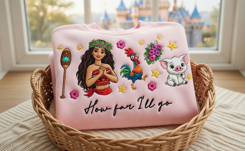 Może przedstawiać: Jasnor&oacute;żowa bluza z haftowanymi postaciami z kresk&oacute;wek, w tym kobietą, kogutem i świnią, a także elementami kwiatowymi. Tekst "How far I'll go" jest wyhaftowany na dole. Bluza jest prezentowana w wiklinowym koszu.