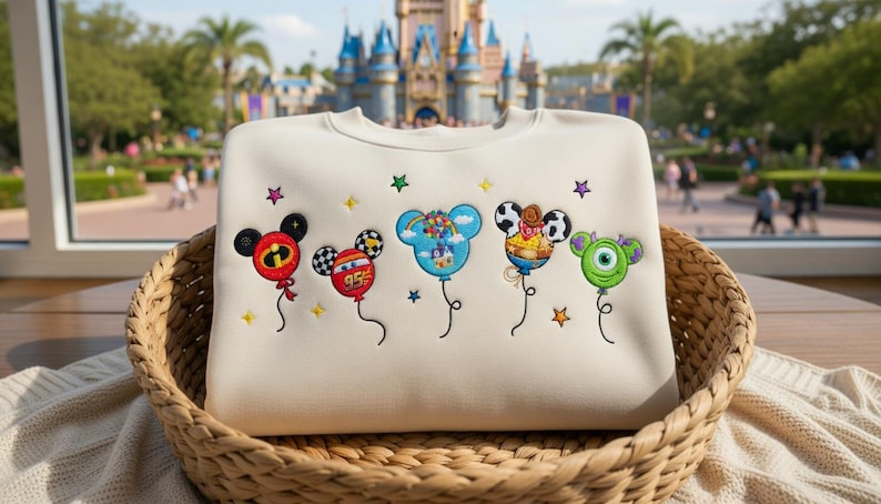 Puede incluir: Sudadera color crema con bordados de globos de personajes de dibujos animados. Los globos son Mickey Mouse, Rayo McQueen, un globo azul de Mickey con nubes, un vaquero y Mike Wazowski. La sudadera est&aacute; en una cesta de mimbre.